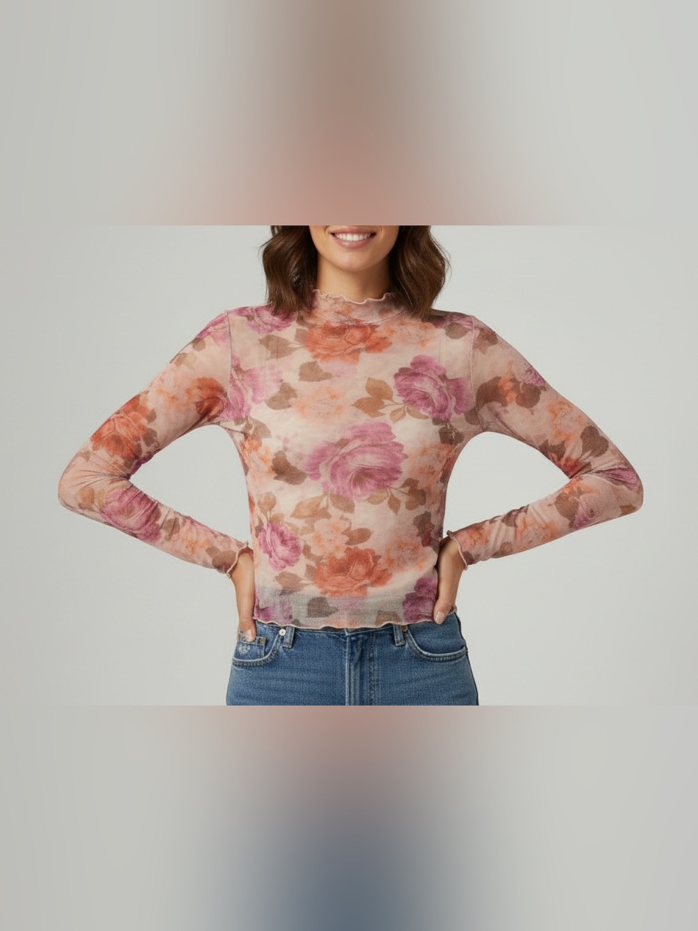 Sheer Floral Neck Top in Pink and Cream floral patterning Women's clothing Mesh